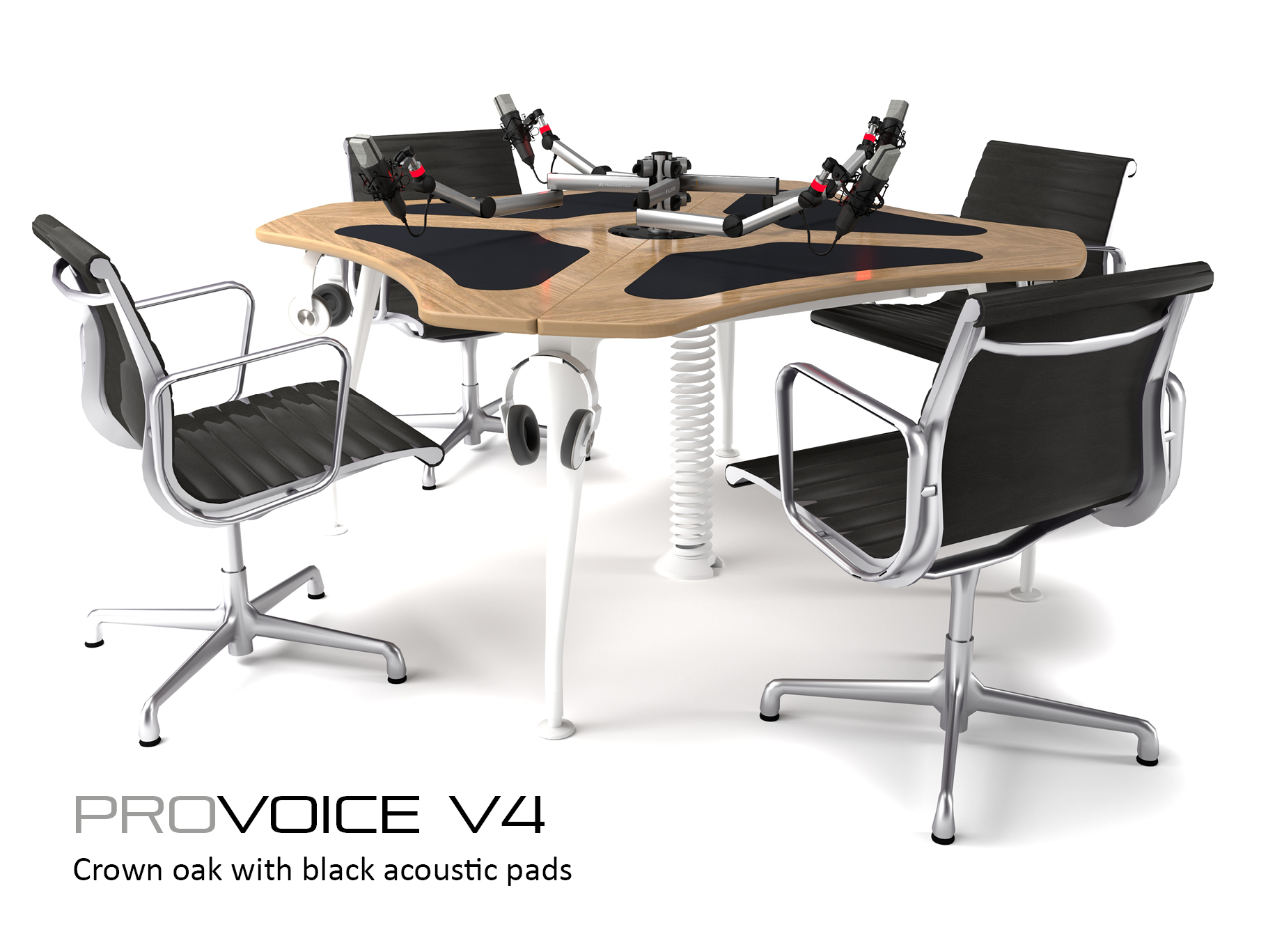 ProVoice V4 - 4 person podcast desk with oak desktop and white legs