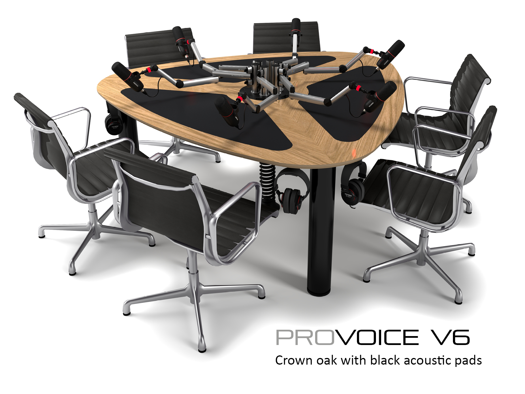 ProVoice V6 - 6 person podcast desk with oak desktop and black legs