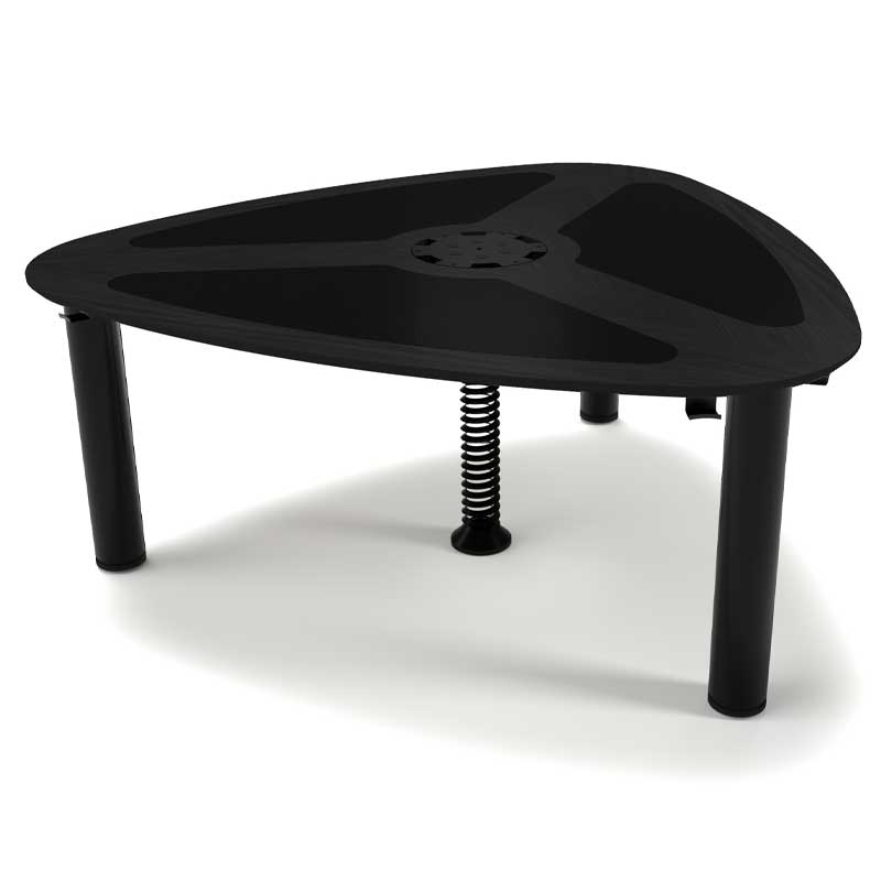 ProVoice V6 six person podcast desk with a black oak desktop