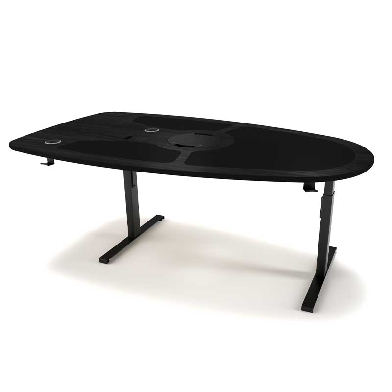 ProCast R5 five person sit stand podcast desk in black oak with desktop power