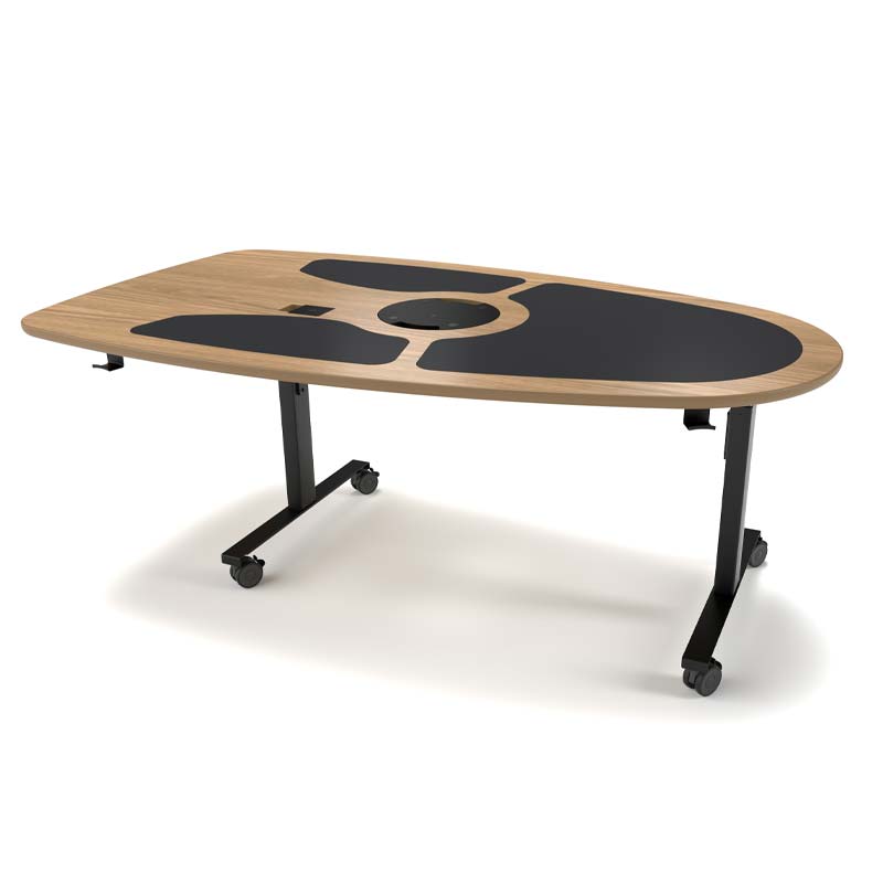 ProCast R5 five person sit stand podcast desk in veneered oak on castors