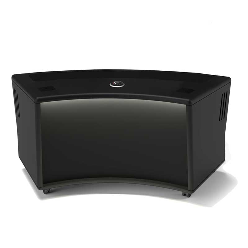 ProHost podcast desk for 2 people in black lacquered finish with desktop power