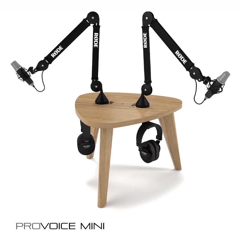 ProVoice Mini compact podcast coffee table positioned between two lounge chairs