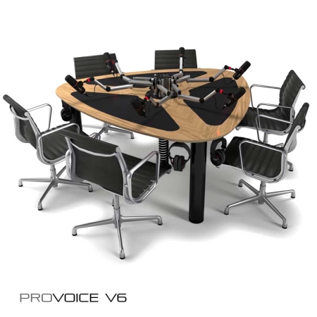 ProVoice V6 large 6 person podcast desk with acoustic fabric pads and mic mounting